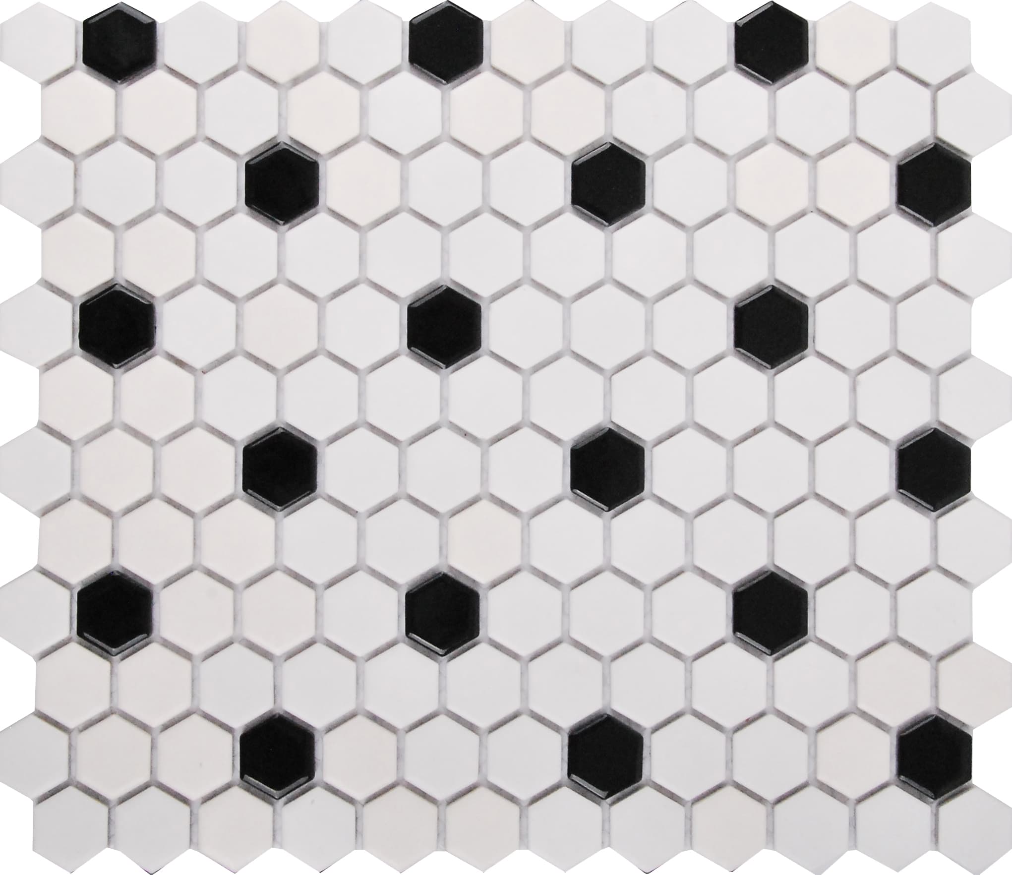 matt white & gloss black hexagon dots porcelain mosaic